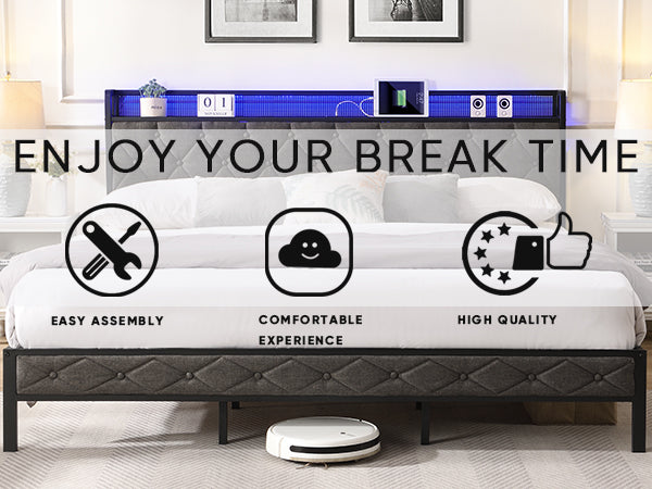 English Elm King Upholstered Platform Bed with LED Headboard, USB Type-C Charging & Hidden Shelf, Noise-Free Support W1916124806