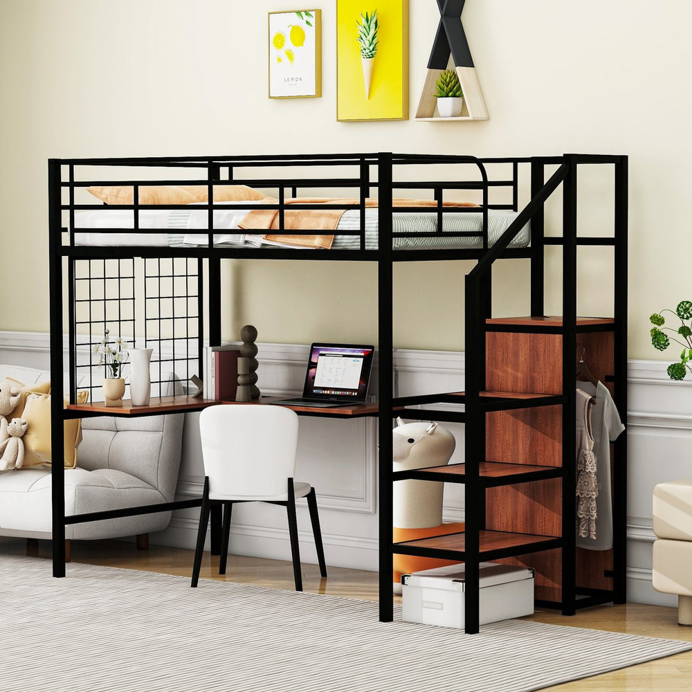 English Elm Twin Metal Loft Bed with Desk, Ladder Shelves and Under-Wardrobe for Space-Saving Study & Storage, Sturdy Frame Black SF000023AAB