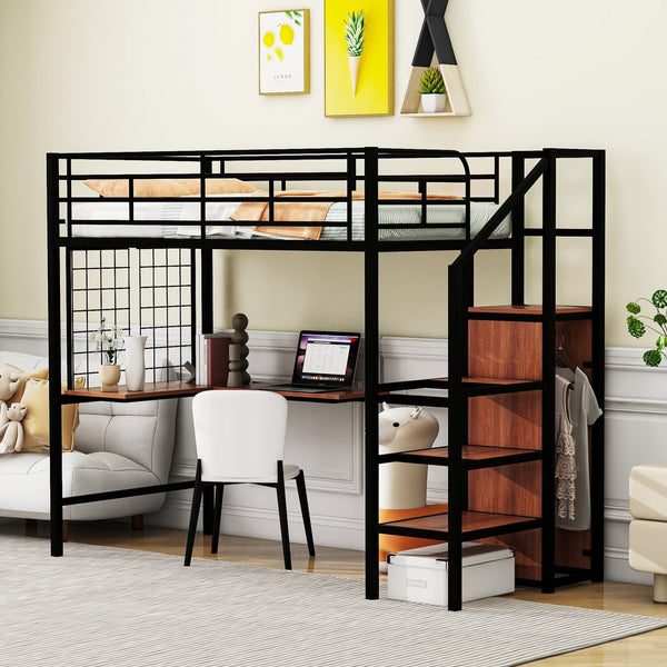 English Elm Twin Metal Loft Bed with Desk, Ladder Shelves and Under-Wardrobe for Space-Saving Study & Storage, Sturdy Frame Black SF000023AAB