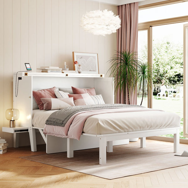 English Elm Queen Murphy Wall Bed with Usb Charging Pine Wood Cabinet for Studio Apartments White LP001661AAK