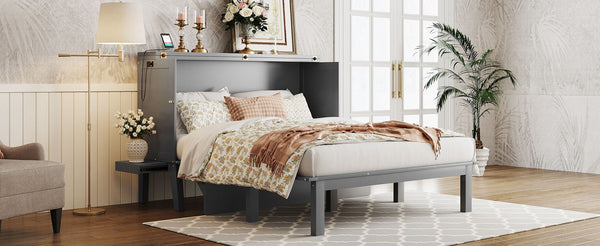 English Elm Queen Murphy Wall Bed with Usb Charging Pine Wood Cabinet for Studio Apartments Gray LP001661AAE