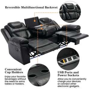 English Elm 3 Piece Faux Leather Manual Recliner Set with Led Base Lighting and Console Black SG001130AAB
