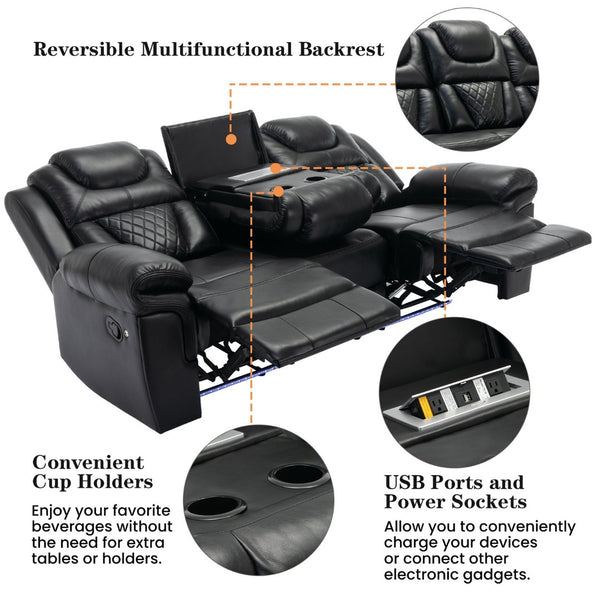 English Elm 3 Piece Faux Leather Manual Recliner Set with Led Base Lighting and Console Black SG001130AAB