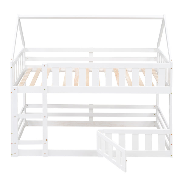English Elm Twin House Bunk Bed with Fence and Door — Pine Wood Low-Profile Design, Sturdy Ladder & Cozy Play Space White WF313047AAK