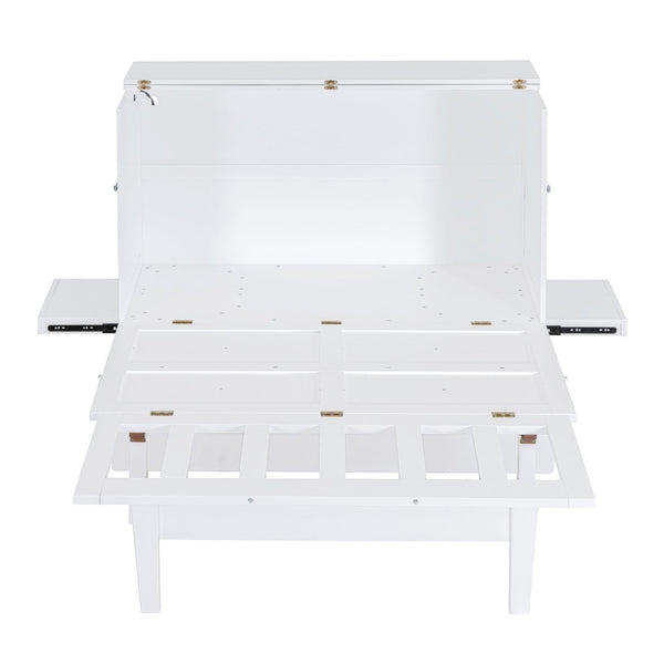 English Elm Full Size Murphy Wall Bed with Usb Charging Removable Shelves Pine Cabinet White LP001660AAK