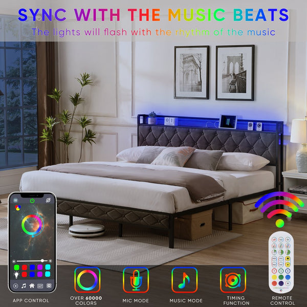 English Elm King Upholstered Platform Bed with LED Headboard, USB Type-C Charging & Hidden Shelf, Noise-Free Support W1916124806