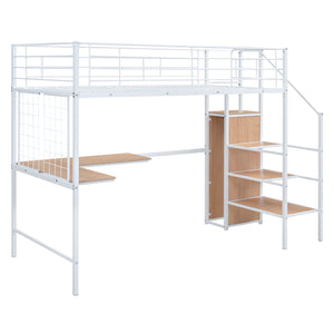 English Elm Twin Metal Loft Bed with Desk, Ladder Shelves and Under-Wardrobe for Space-Saving Study & Storage, Sturdy Frame White SF000023AAK