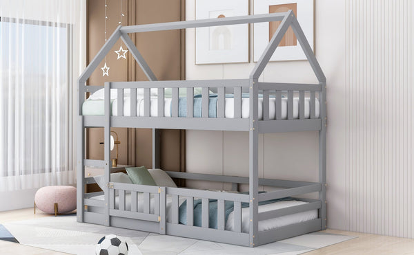 English Elm Twin House Bunk Bed with Fence and Door — Pine Wood Low-Profile Design, Sturdy Ladder & Cozy Play Space Gray WF313047AAE