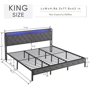 English Elm King Upholstered Platform Bed with LED Headboard, USB Type-C Charging & Hidden Shelf, Noise-Free Support W1916124806