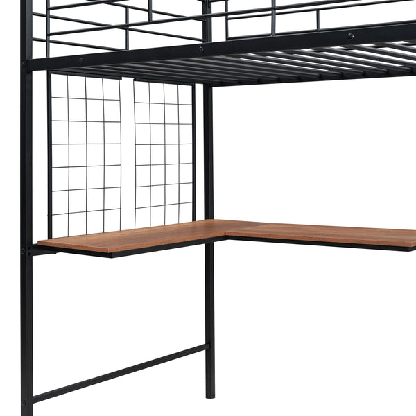 English Elm Twin Metal Loft Bed with Desk, Ladder Shelves and Under-Wardrobe for Space-Saving Study & Storage, Sturdy Frame Black SF000023AAB