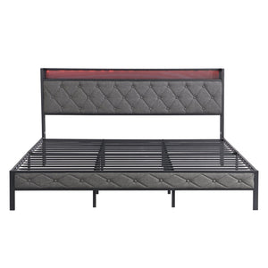 English Elm King Upholstered Platform Bed with LED Headboard, USB Type-C Charging & Hidden Shelf, Noise-Free Support W1916124806