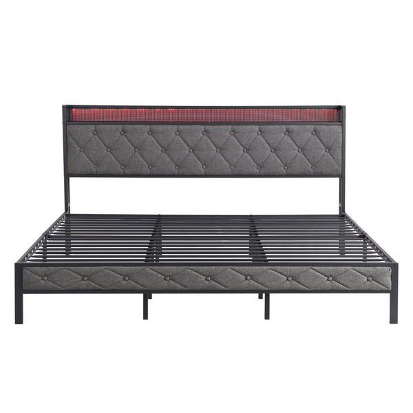 English Elm King Upholstered Platform Bed with LED Headboard, USB Type-C Charging & Hidden Shelf, Noise-Free Support W1916124806