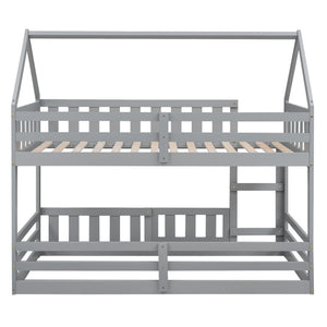 English Elm Twin House Bunk Bed with Fence and Door — Pine Wood Low-Profile Design, Sturdy Ladder & Cozy Play Space Gray WF313047AAE