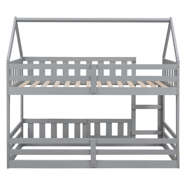 English Elm Twin House Bunk Bed with Fence and Door — Pine Wood Low-Profile Design, Sturdy Ladder & Cozy Play Space Gray WF313047AAE