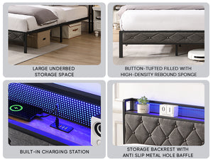 English Elm King Upholstered Platform Bed with LED Headboard, USB Type-C Charging & Hidden Shelf, Noise-Free Support W1916124806
