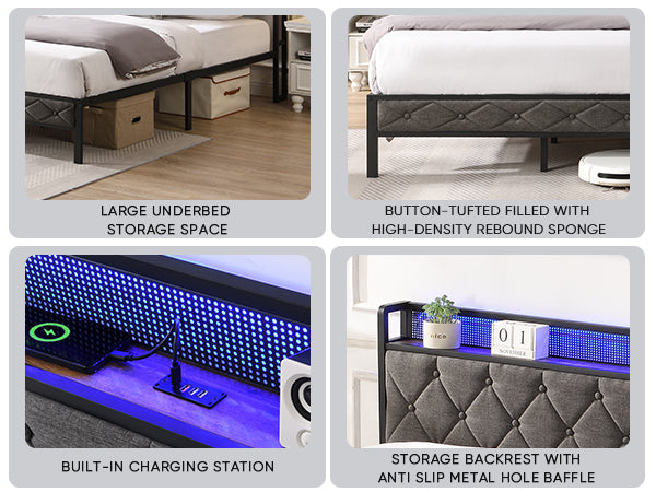 English Elm King Upholstered Platform Bed with LED Headboard, USB Type-C Charging & Hidden Shelf, Noise-Free Support W1916124806