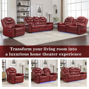 English Elm Home Theater Manual Recliner with Led Base Lighting Faux Leather Living Room Chair Wine Red WF310725AAJ