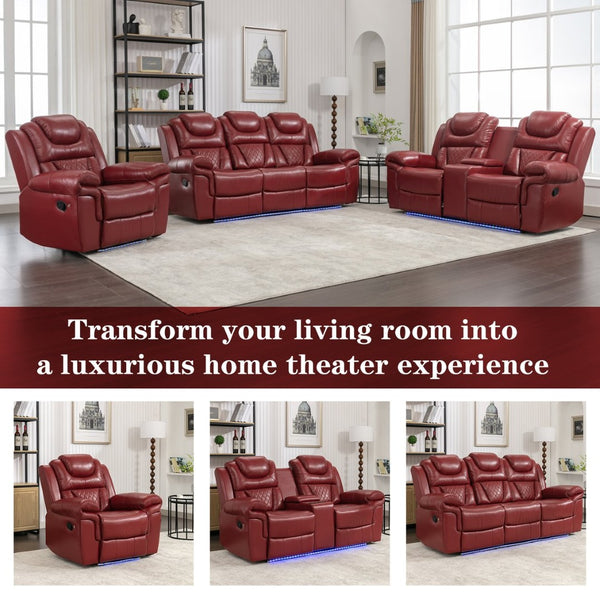 English Elm Home Theater Manual Recliner with Led Strip Console Usb Charging Faux Leather Seat Red WF310727AAJ