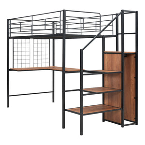 English Elm Twin Metal Loft Bed with Desk, Ladder Shelves and Under-Wardrobe for Space-Saving Study & Storage, Sturdy Frame Black SF000023AAB