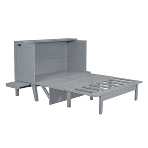 English Elm Queen Murphy Wall Bed with Usb Charging Pine Wood Cabinet for Studio Apartments Gray LP001661AAE