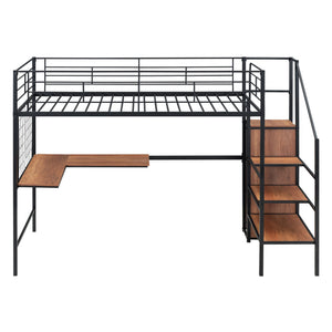English Elm Twin Metal Loft Bed with Desk, Ladder Shelves and Under-Wardrobe for Space-Saving Study & Storage, Sturdy Frame Black SF000023AAB