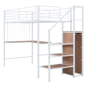 English Elm Twin Metal Loft Bed with Desk, Ladder Shelves and Under-Wardrobe for Space-Saving Study & Storage, Sturdy Frame White SF000023AAK
