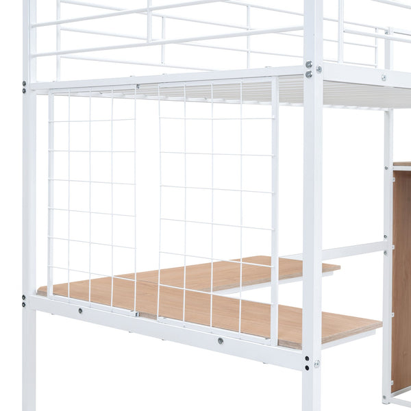 English Elm Twin Metal Loft Bed with Desk, Ladder Shelves and Under-Wardrobe for Space-Saving Study & Storage, Sturdy Frame White SF000023AAK