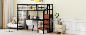 English Elm Twin Metal Loft Bed with Desk, Ladder Shelves and Under-Wardrobe for Space-Saving Study & Storage, Sturdy Frame Black SF000023AAB