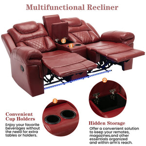 English Elm Home Theater Manual Reclining Loveseat Faux Leather with Led Lighting and Storage Console Wine Red WF310726AAJ