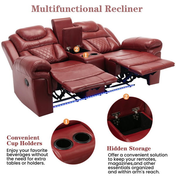 English Elm Home Theater Manual Reclining Loveseat Faux Leather with Led Lighting and Storage Console Wine Red WF310726AAJ