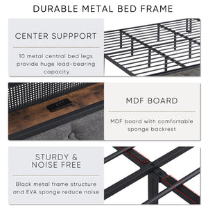 English Elm King Upholstered Platform Bed with LED Headboard, USB Type-C Charging & Hidden Shelf, Noise-Free Support W1916124806