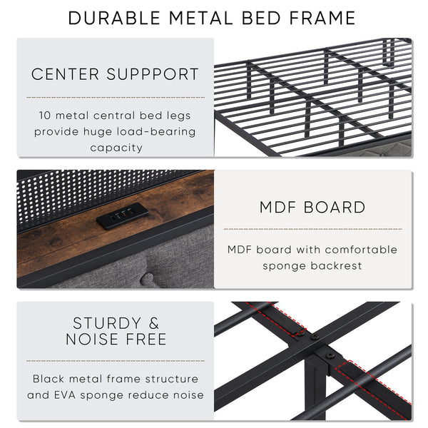 English Elm King Upholstered Platform Bed with LED Headboard, USB Type-C Charging & Hidden Shelf, Noise-Free Support W1916124806