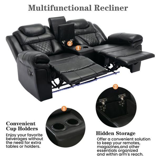 English Elm Home Theater Manual Reclining Loveseat Faux Leather with Led Lighting and Storage Console Black WF310726AAB