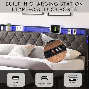 English Elm King Upholstered Platform Bed with LED Headboard, USB Type-C Charging & Hidden Shelf, Noise-Free Support W1916124806