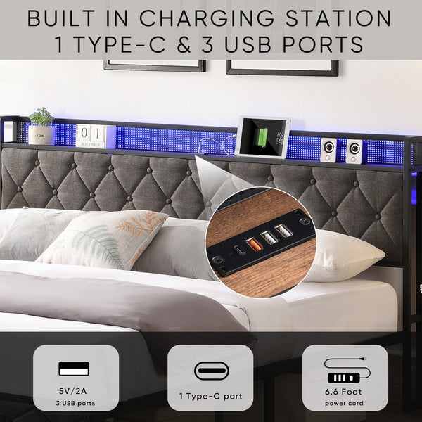 English Elm King Upholstered Platform Bed with LED Headboard, USB Type-C Charging & Hidden Shelf, Noise-Free Support W1916124806