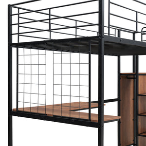 English Elm Twin Metal Loft Bed with Desk, Ladder Shelves and Under-Wardrobe for Space-Saving Study & Storage, Sturdy Frame Black SF000023AAB