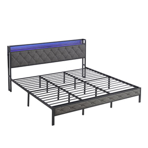 English Elm King Upholstered Platform Bed with LED Headboard, USB Type-C Charging & Hidden Shelf, Noise-Free Support W1916124806