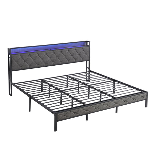 English Elm King Upholstered Platform Bed with LED Headboard, USB Type-C Charging & Hidden Shelf, Noise-Free Support W1916124806