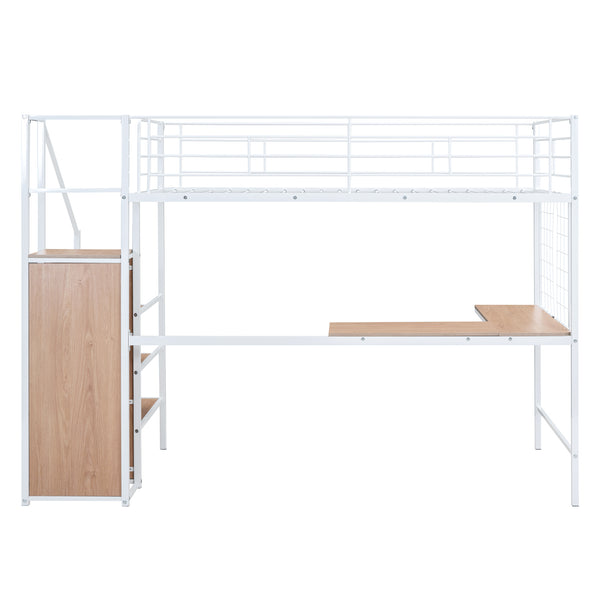 English Elm Twin Metal Loft Bed with Desk, Ladder Shelves and Under-Wardrobe for Space-Saving Study & Storage, Sturdy Frame White SF000023AAK