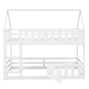 English Elm Twin House Bunk Bed with Fence and Door — Pine Wood Low-Profile Design, Sturdy Ladder & Cozy Play Space White WF313047AAK
