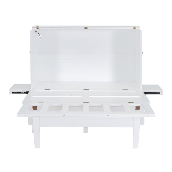 English Elm Full Size Murphy Wall Bed with Usb Charging Removable Shelves Pine Cabinet White LP001660AAK