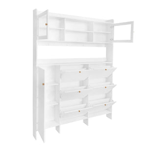 English Elm Black Hall Tree Foyer Cabinet Flip Shoe Storage Tempered Glass Hooks Shelf SD000028AAK