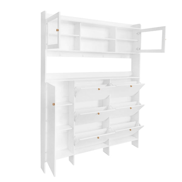 English Elm Black Hall Tree Foyer Cabinet Flip Shoe Storage Tempered Glass Hooks Shelf SD000028AAK