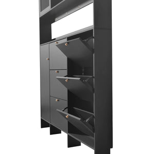 English Elm Black Hall Tree Foyer Cabinet Flip Shoe Storage Tempered Glass Hooks Shelf SD000028AAB