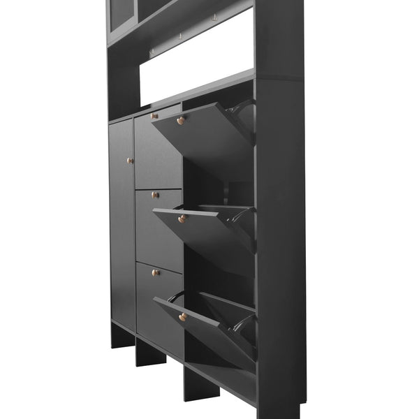 English Elm Black Hall Tree Foyer Cabinet Flip Shoe Storage Tempered Glass Hooks Shelf SD000028AAB