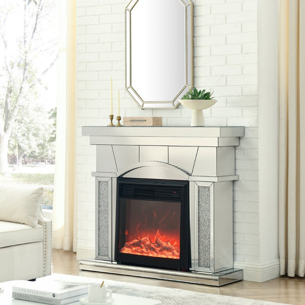 English Elm W Mirrored Acrylic Electric Fireplace Console with Crystal Accents and Led Flame W1005S00003
