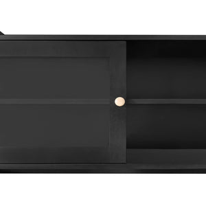 English Elm Black Hall Tree Foyer Cabinet Flip Shoe Storage Tempered Glass Hooks Shelf SD000028AAB