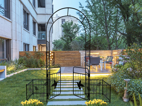 English Elm Metal Garden Arch For Climbing Plants & Weddings | Elegant Outdoor Trellis With Doors, Black Finish W656127046