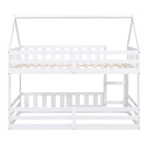 English Elm Twin House Bunk Bed with Fence and Door — Pine Wood Low-Profile Design, Sturdy Ladder & Cozy Play Space White WF313047AAK