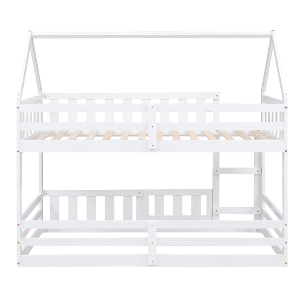 English Elm Twin House Bunk Bed with Fence and Door — Pine Wood Low-Profile Design, Sturdy Ladder & Cozy Play Space White WF313047AAK